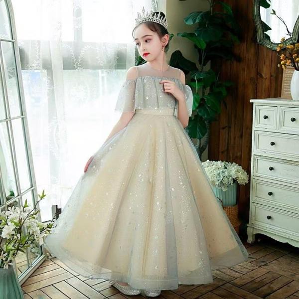 ピアノ発表会 ドレス 子供ドレス 中学生 160 150 140 灰青色 シャンパン ホワイト 子ど...