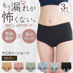 サニタリーショーツ 3色アソート 3枚セット 生理用ショーツ レディース 綿 夜用 深履き 防水 漏れ防止 ハイウエスト 漏れ対策