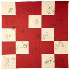 山本仁商店 和雑貨 京小物 KURUMI大きな風呂敷 シャンタン三巾風呂敷 鳥獣人物戯画 Aアカ 約106×105cm