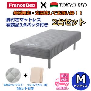 【東京23区/神奈川県・埼玉県の一部地域限定】フランスベッド 脚付きマットレス２台セット セミダブル 玄関先お渡しでお買い得 寝装品3点パックプレゼント付き｜zanshin