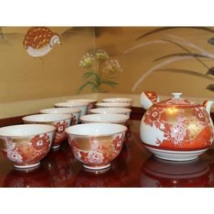 九谷焼 茶道具 茶器(急須・碗5ヶ入）九谷焼 本金青粒牡丹 錦泉作