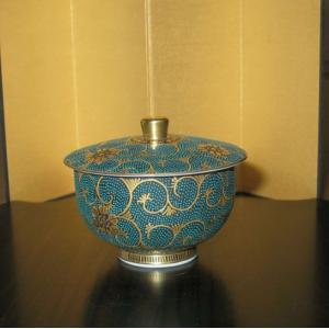 九谷焼 茶道具 茶器(急須・碗5ヶ入）九谷焼 本金青粒牡丹 錦泉作