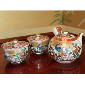 九谷焼 茶道具 茶器(急須・碗5ヶ入）九谷焼 本金青粒牡丹 錦泉作