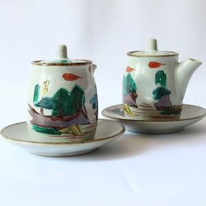 九谷焼 茶道具 茶器(急須・碗5ヶ入）九谷焼 本金青粒牡丹 錦泉作