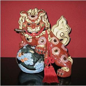 九谷焼 縁起置物 狛犬（一対）シーサー 緑彩 魔除け・除災の守り神