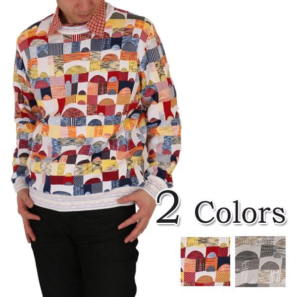 イタリア製 ジャガード クルーネック セーター メンズ 男性 ニット おしゃれ 個性的 鮮やかな デ...
