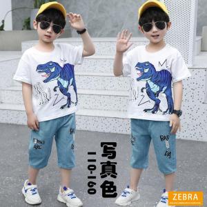 子供服セットアップ キッズ 男の子 夏 2点セット 上下セット 半袖 恐竜柄 Tシャツ+七分丈デニムパンツ ジュニア カジュアル 可愛い おしゃれ 普段着 通学着｜zebra-shop