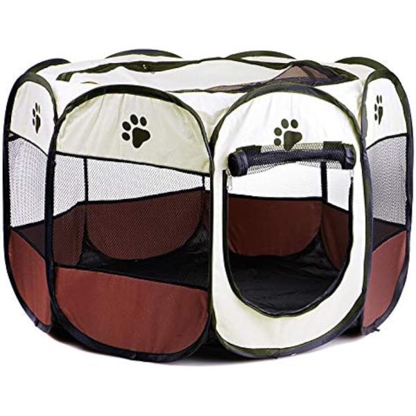 ペット用 犬 猫 ケージ 八角形 折りたたみサークル( ブラウン,  Ｓ)