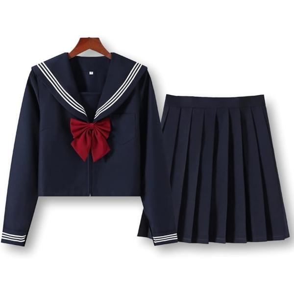 セーラー服 コスプレ 制服 長袖 プリーツスカート リボン 3点セット ネイビー XL( ネイビー,...