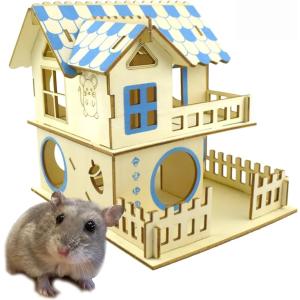 小動物 ハムスター 隠れ家 2階建て ハウス 小屋 遊び場 プレイハウス はしご 木製 運動不足解消 ストレス発散 Aタイプ青 MDM