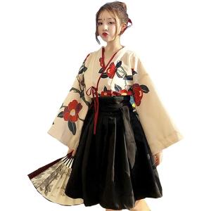 レディレイジー 大正ロマン 袴 和服 着物 漢服 コスプレ 民族衣装 レディース ショート 椿柄 黒(ブラック, M)