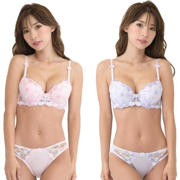 レディース ブラ ブラジャー ショーツ 下着 上 セット 女性 カップ 取り外し( ピンク＆パープル...