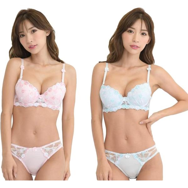 レディース ブラ ブラジャー ショーツ 下着 上 セット 女性 カップ 取り外し( ピンク＆ブルー,...