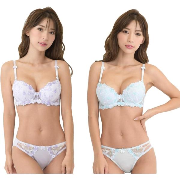 レディース ブラ ブラジャー ショーツ 下着 上 セット 女性 カップ 取り外し( ブルー＆パープル...