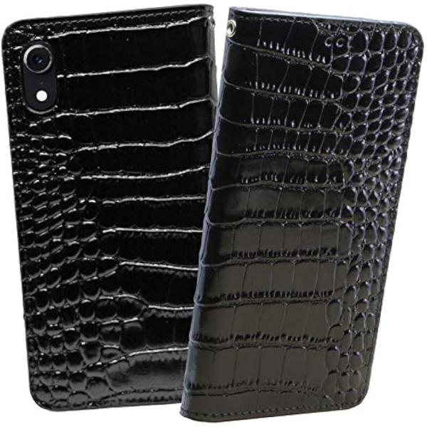 クロコダイル x 牛革 apple . 手帳型 レザー ケース iphone XR MDM(ブラック...