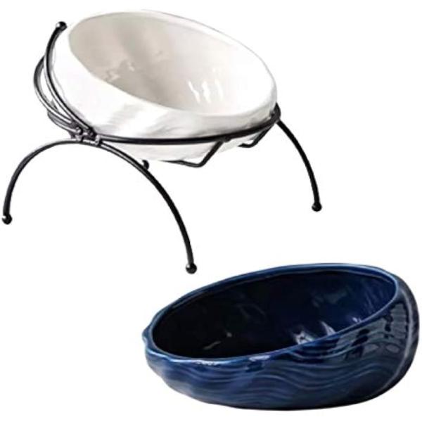 猫 フードボウル アイアンスタンドセット フードボウルスペア付き 食器 脚付 ホワイト ブルー 陶器...