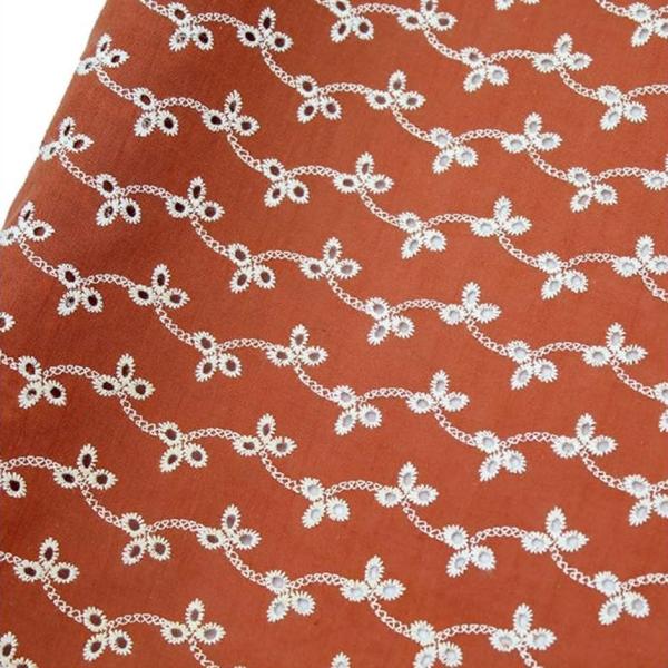 カラー コットン 刺繍 レース 生地 手芸用 布 約1m 幅135cm( 橙色)