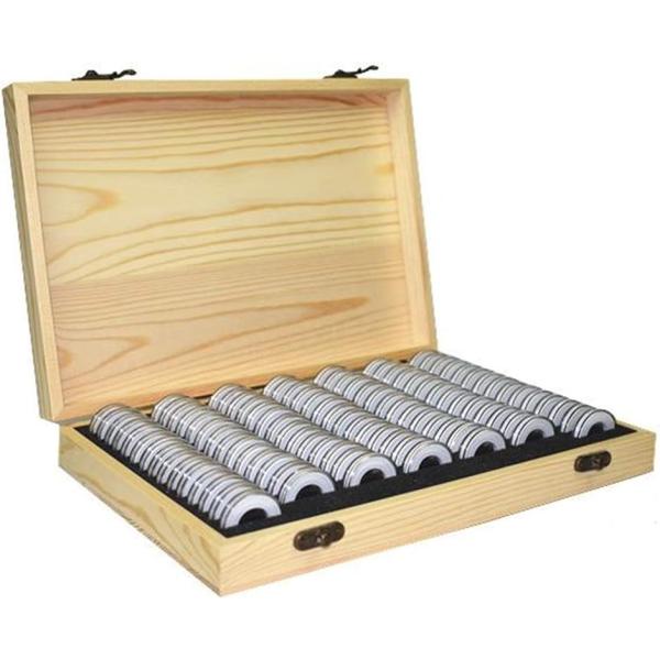 木製 コイン コレクション ケース 径5種対応 ボックス 記念 収納 コインカプセル付き( 100枚...