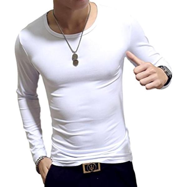 長袖 無地 インナー シャツ 薄手 Tシャツ メンズ( 白色クルーネック,  05-3XL)