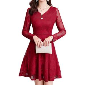 セレクト 長袖 パーティー ドレス ワンピース vネック シースルー 花柄 ミニ 膝上 レディース(02_レッド, M)