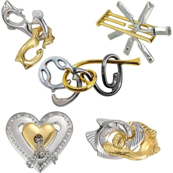 知恵の輪 知恵玩具 リングパズル 暇つぶし 立体パズル 知育玩具 金と銀 5点セット