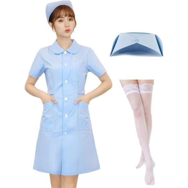 ナース コスプレ 帽子 ストッキング 付 ハロウィン 仮装 看護師 制服 膝丈(ブルー,  M)