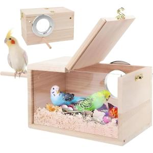 巣箱 鳥の巣 繁殖ボックス 横式 天然木材 片面 アクリル板 インコ 孵化 (ベージュ, S)