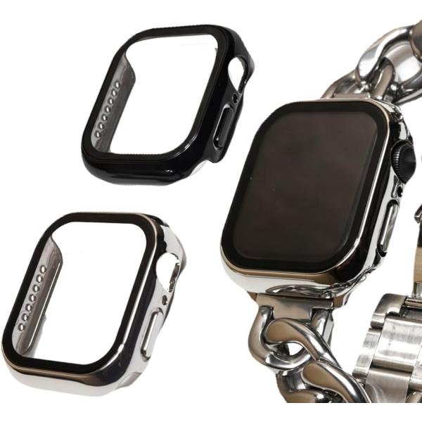 Apple Watch 用 カバー ケース シルバー/ブラック 2個セット 保護 防水 PC素材(シ...
