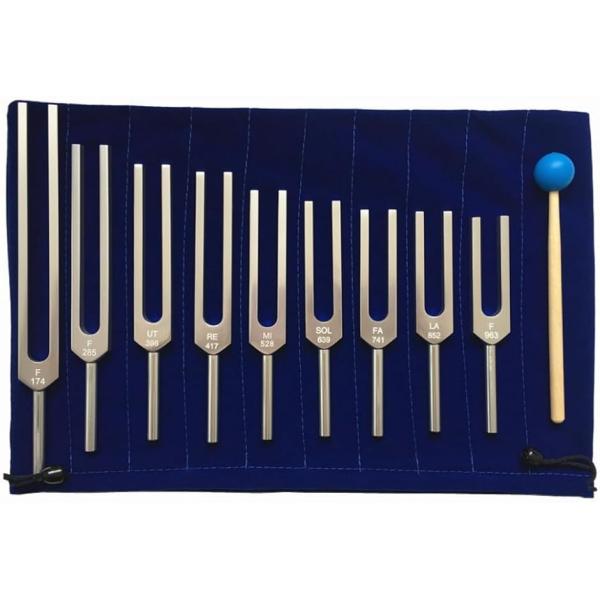 クリスタルチューナー 音叉 ヒーリング 瞑想 ヨガ ベース付き(ゴールド,  9本セット)