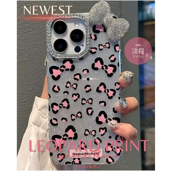スマホケース ギャル キラキラ 地雷系 韓国 可愛い (ヒョウ柄ライトピンクリボン,  16)