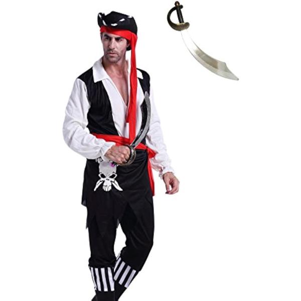海賊 アンティーク風海賊刀付き コスチューム 5点セット 帽子、上着、ブーツ一体型ズボン、腰布、海賊...