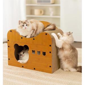 猫用爪とぎ クマ型 キャットハウス キャットタワー ダンボールハウス 爪とぎ兼ベッド 猫箱 二階 組み立て式 高密度段ボール( 茶色)