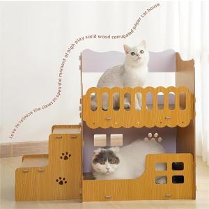 猫用爪とぎ 天板２枚付き キャットハウス キャットタワー ダンボールハウス 爪とぎ兼ベッド 猫箱 二階 組み立て式 収納簡単( 茶色)｜zebrand-shop