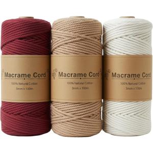 マクラメ糸 マクラメヤーン 3mm 3色セット 合計300m 紐 コットン (レッド系, （1ロールあたり）3mm、100メートル)