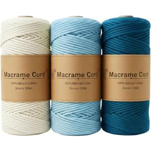 マクラメ糸 マクラメヤーン 3mm 3色セット 合計300m 紐 コットン (ブルー系, （1ロールあたり）3mm、100メートル)