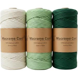 マクラメ糸 マクラメヤーン 3mm 3色セット 合計300m 紐 コットン (グリーン系, （1ロールあたり）3mm、100メートル)