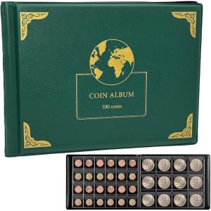スーベニアメダルケース コインアルバム 300枚収納 メダル収納ケース 記念硬貨 古銭 金貨 記念メダル 収集ファイル (グリーン)