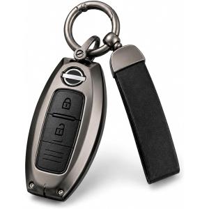 日産車対応 スマートキーケース 亜鉛合金＆レザー ガンメタル 全面保護カバー キーホルダー付き (ブラック)