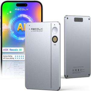 AIボイスレコーダーRecolx AI議事録 通話/対面録音 AI指向性収音レコーダー 最大7m音声収音 112ヶ国語対応 (シルバー)