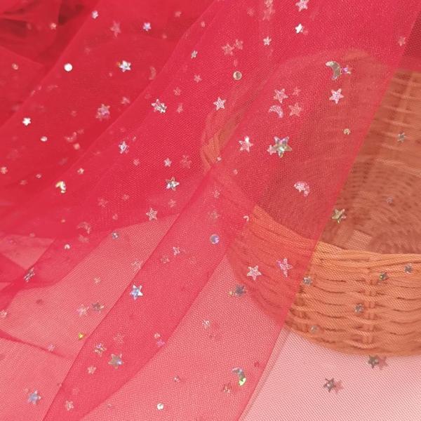 星 月 ソフトチュール 生地 1way 幅140cm オーロラ ラメ 透ける 布 薄手 (レッド, ...