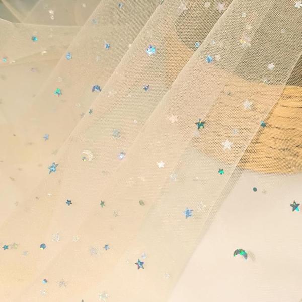 星 月 ソフトチュール 生地 1way 幅140cm オーロラ ラメ 透ける 布 薄手 (ライトイエ...