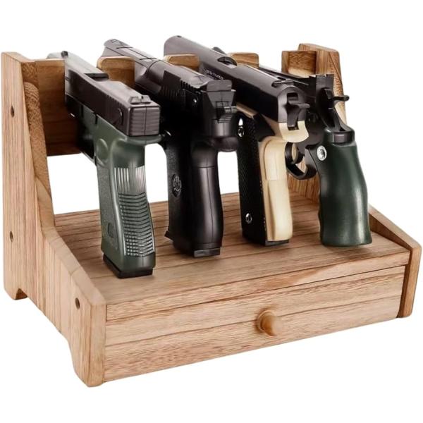 ハンドガンラック 木製 4丁収納 引き出し付き 桐材製 モデルガン ディスプレイスタンド(4丁)