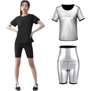 サウナスーツ 上下 セット レディース 半袖 5分丈 パンツ 洗濯可 スパッツ 発汗 ダイエット 筋トレ (ブラック/シルバー, L)