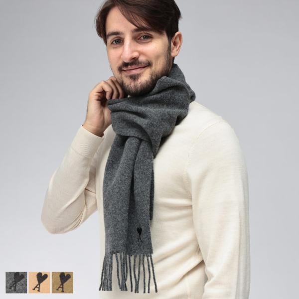 アミパリス マフラー メンズ AMI PARIS ロゴ 刺繍 ウール100％ フリンジ マフラー A...