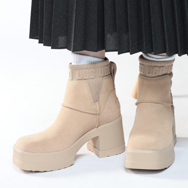 アグ ショートブーツ 靴 UGG レディース ニットゴア ロゴ  厚底 盛れる レザー スクエアトゥ...