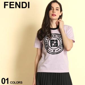 フェンディ レディース Tシャツ 半袖 FENDI ロゴ クルーネック FENDI ROMA ブランド トップス プリント 刺繍 コットン FDLFS7254AC6E