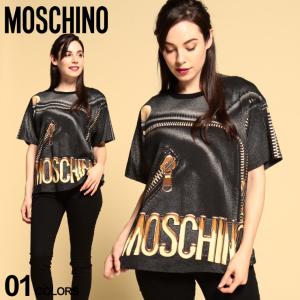 モスキーノ レディース Tシャツ 半袖 MOSCHINO ライダース プリント クルーネック ブランド トップス 総柄 MHL07015540A｜zen