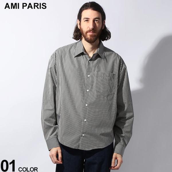 AMI PARIS (アミパリス ) ワンポイントバックロゴ ストライプ柄 レギュラーカラー 長袖 ...