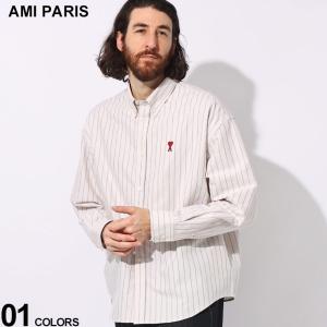 AMI PARIS (アミパリス) コットン100％ ロゴ刺繍 ストライプ柄 ボタンダウン 長袖 シャツ AMUSH130CO0067