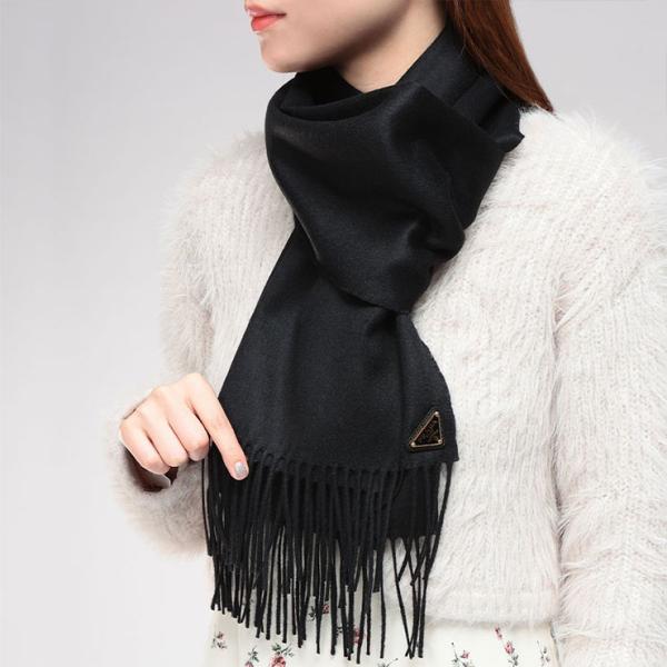 プラダ マフラー メンズ PRADA トライアングルロゴ カシミヤ混 ワンポイント ロゴ フリンジ ...